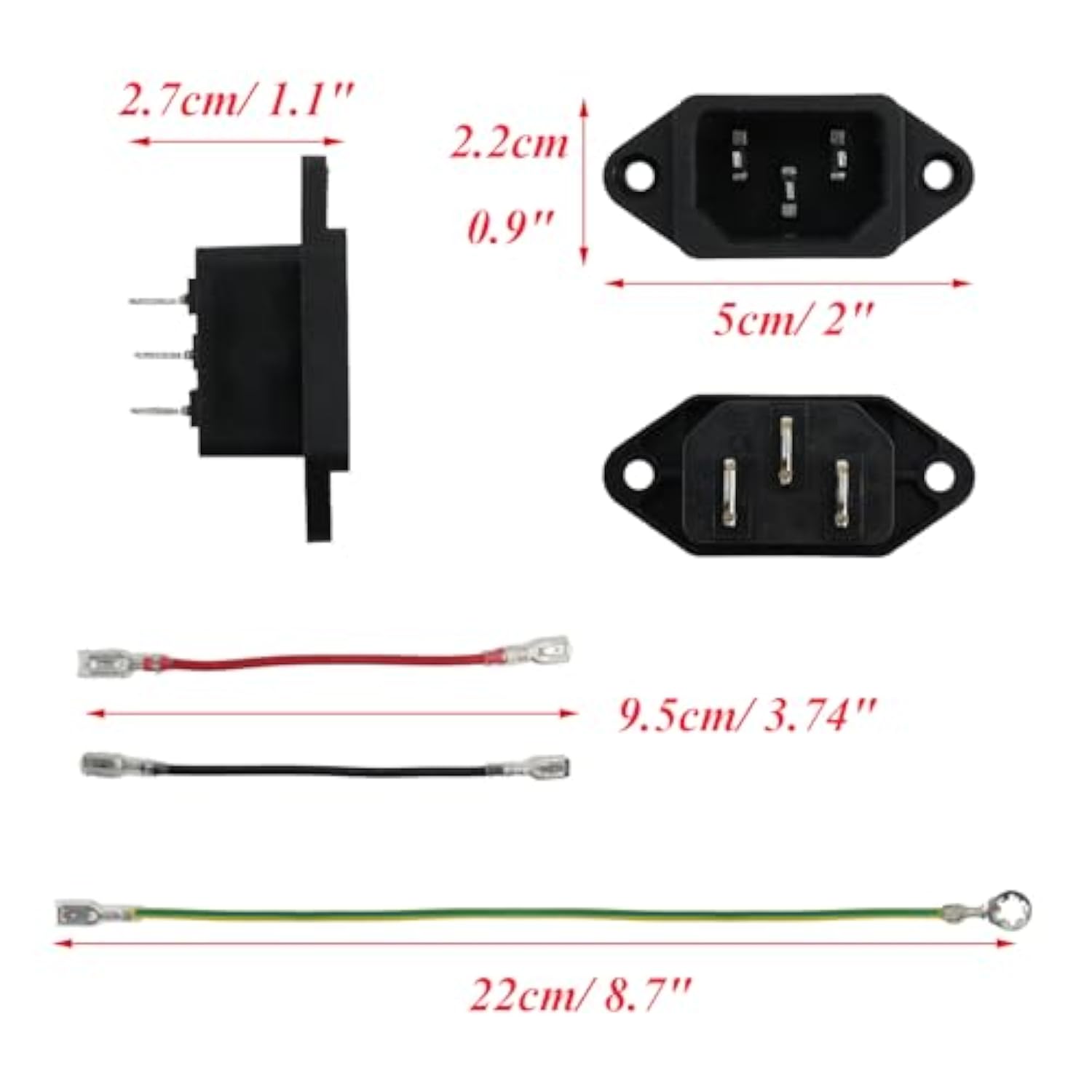 2Pcs Iec 320 C14 Male 3 Pins Screw Mount Inlet Ac Power Plug Adapter Connector Socket Ac 250V 10A Black With Wires