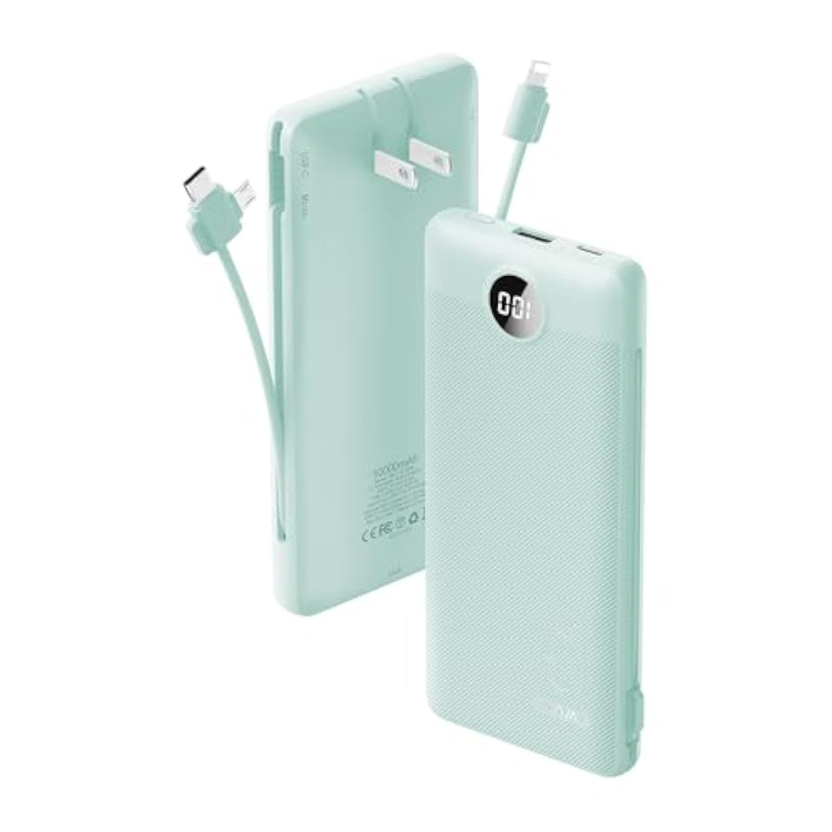 Portable Charger Built-In Cables And Ac Wall Plug, Usb C Power Bank 10000Mah, Travel Battery Portable Phone Charger Compact Lightweight External Battery Pack For Smart Phones, Tablets Etc-Green