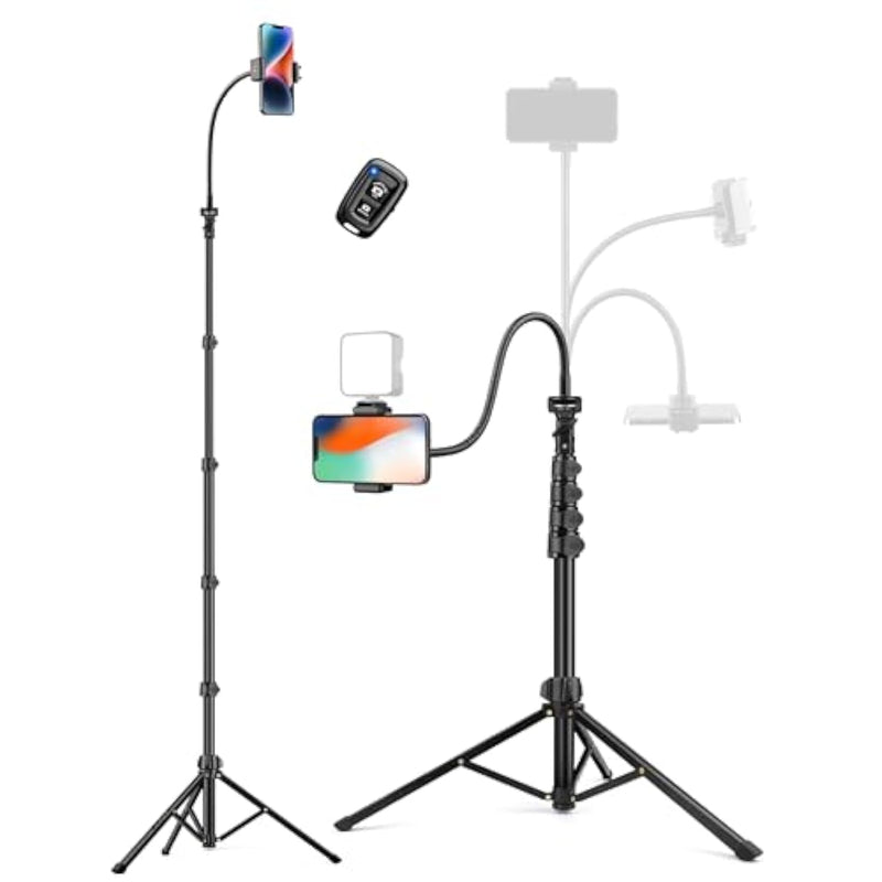 Phone Tripod, 86" Tall Tripod For With Flexible Gooseneck & Remote, Portable Aluminum Cellphone Stand For Selfies, Video Recording,Travel, Compatible With Android