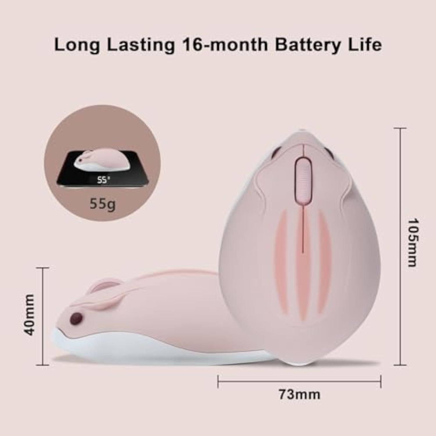 Wireless Bluetooth Mouse Cute Cartoon Animal Hamster Shape Mouse Silent Portable Optical 1200 Dpi Ergonomic Cordless Computer Mice With No Usb Receiver For Pc Laptop Tablet Mac Ipad Girl Gift(Pink)