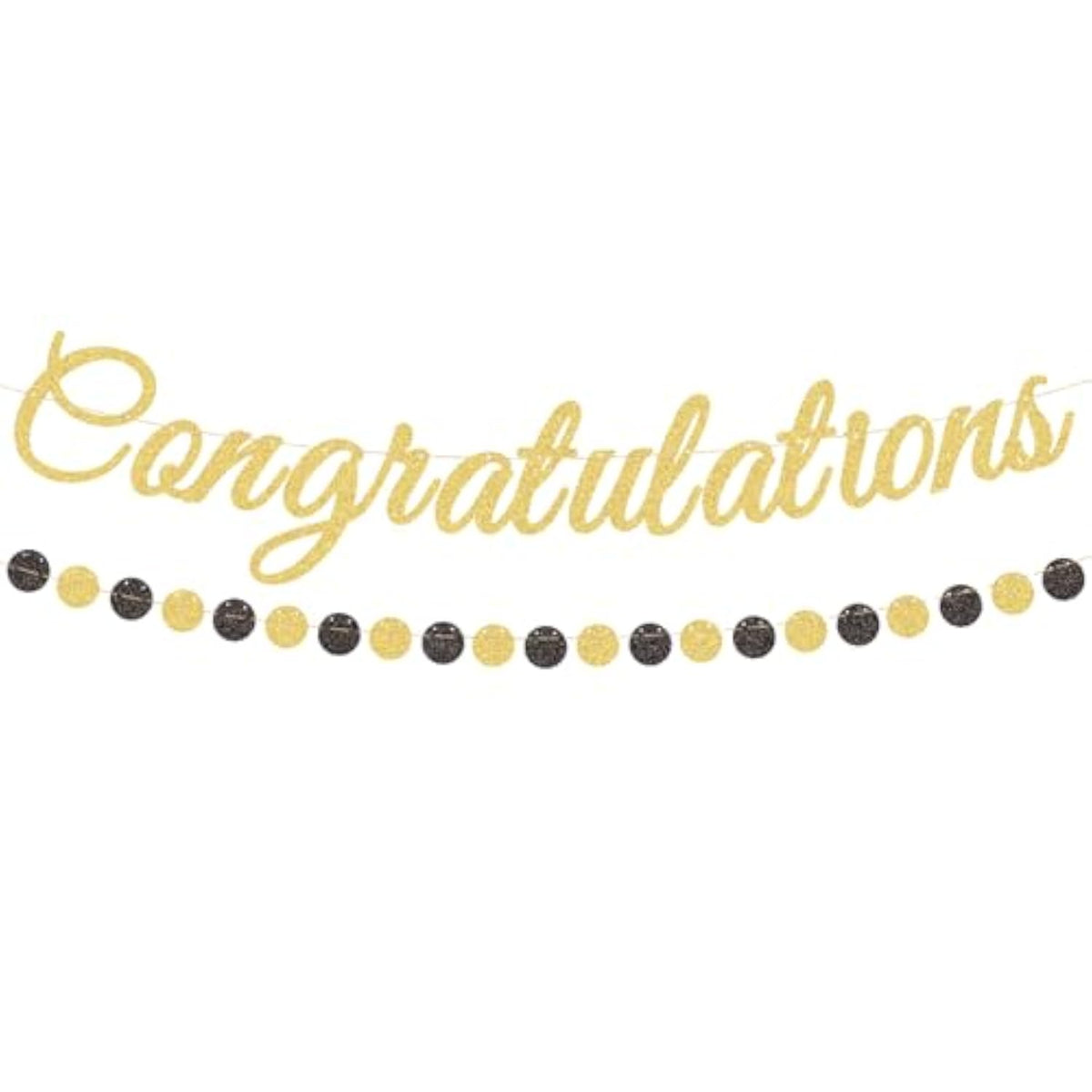 Gold Glitter Congratulations Banner With Black And Gold Circle Garland – Pre-Strung Graduation, Prom Decoration For Class Of 2025, Retirement, Engagement, Baby Shower, And Achievement Party Supplies