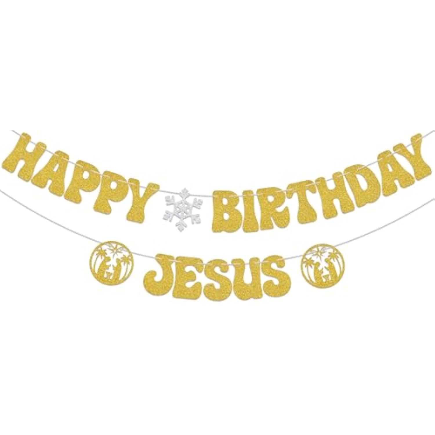 Happy Birthday Jesus Banner,Christmas Jesus Birthday Party Decorations,Merry Birthday Banner,Christmas New Year Holiday Party Decor Glitter Gold