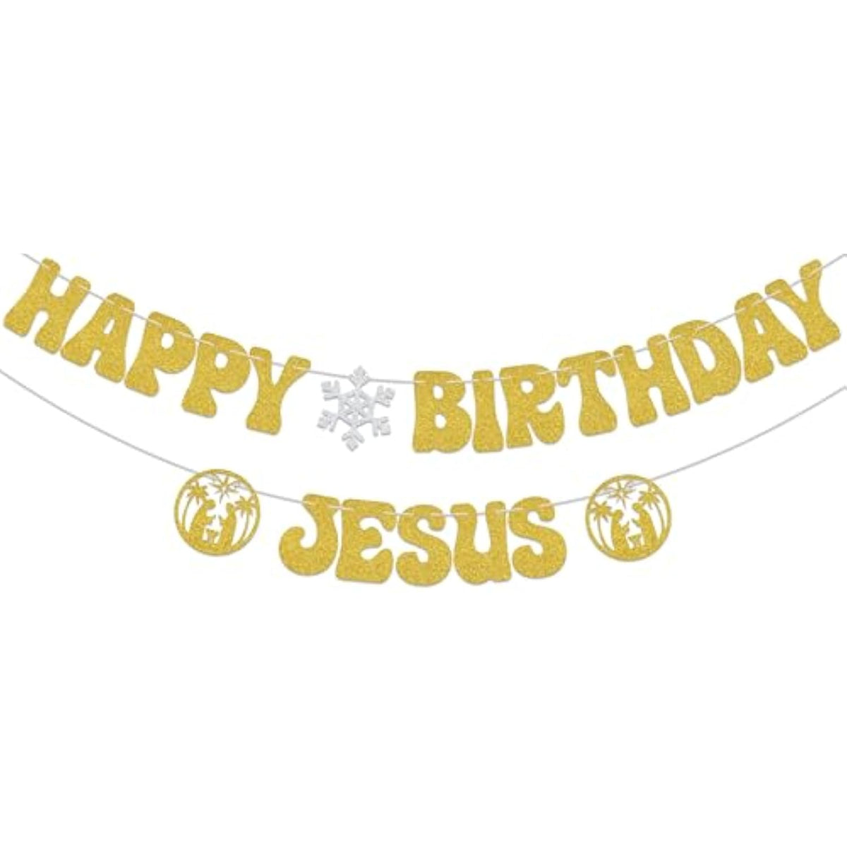 Happy Birthday Jesus Banner,Christmas Jesus Birthday Party Decorations,Merry Birthday Banner,Christmas New Year Holiday Party Decor Glitter Gold