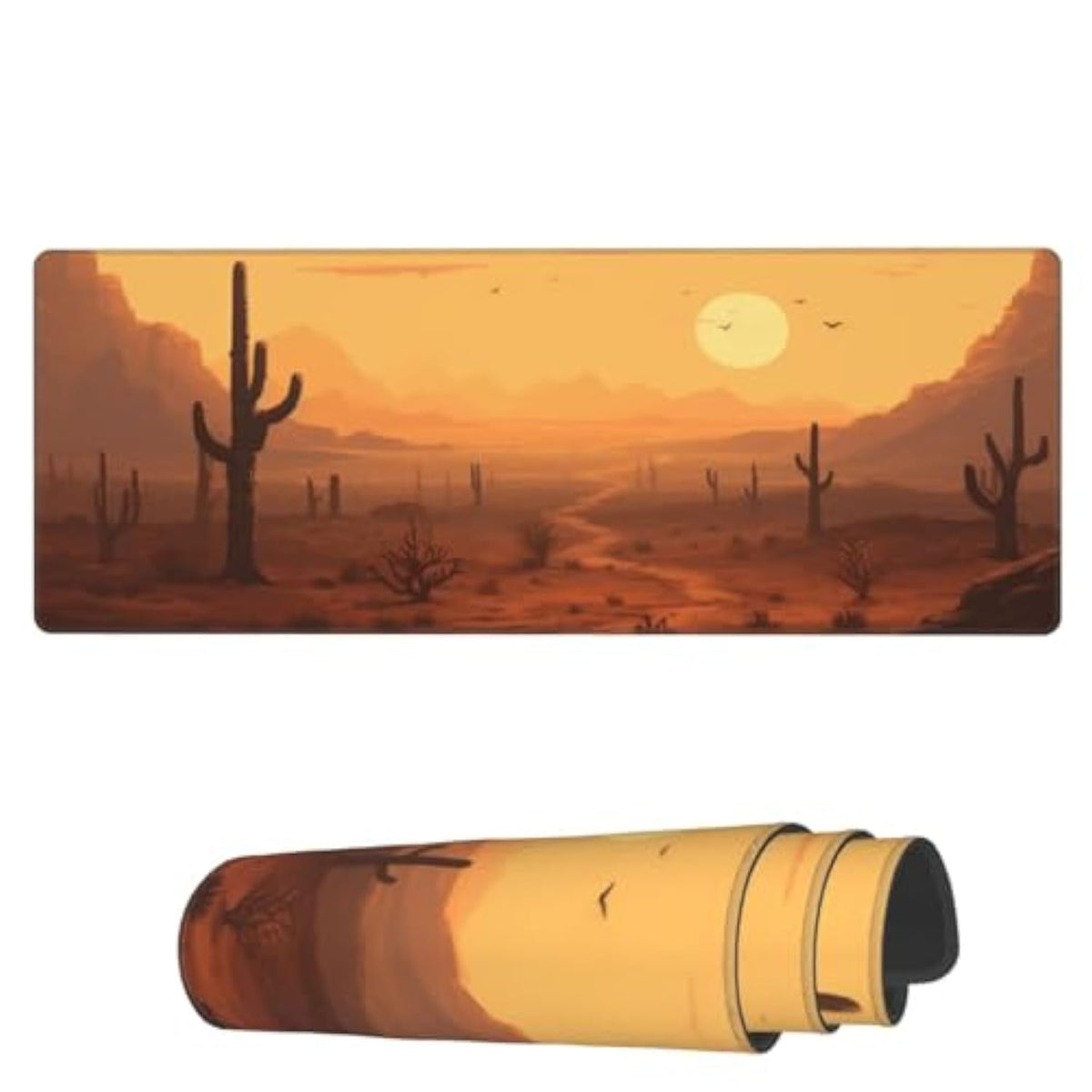 Laptop Mouse Pad Desert Sunset Cactus Desk Mat With Stitched Edges 31.5X 11.8 Inch Non-Slip Large Keyboard Rubber Writing Table Mat For Office Home