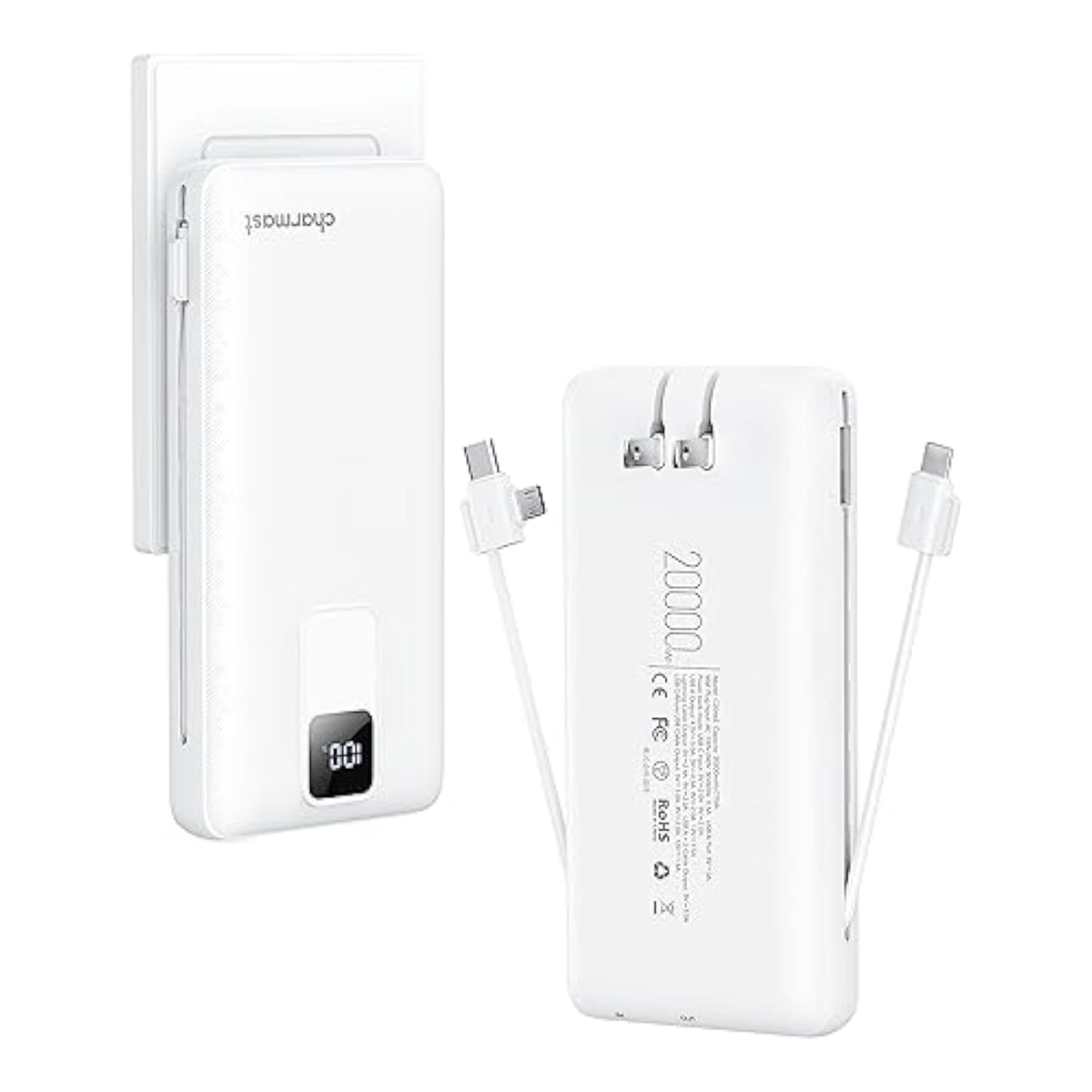 Portable Charger With Built-In Cables And Wall Plug, 20000Mah 20W Usb C Power Bank Fast Charging Battery Pack Travel Essentials Compatible With Iphone 16/15/14/13 Series, Samsung Google Ipad