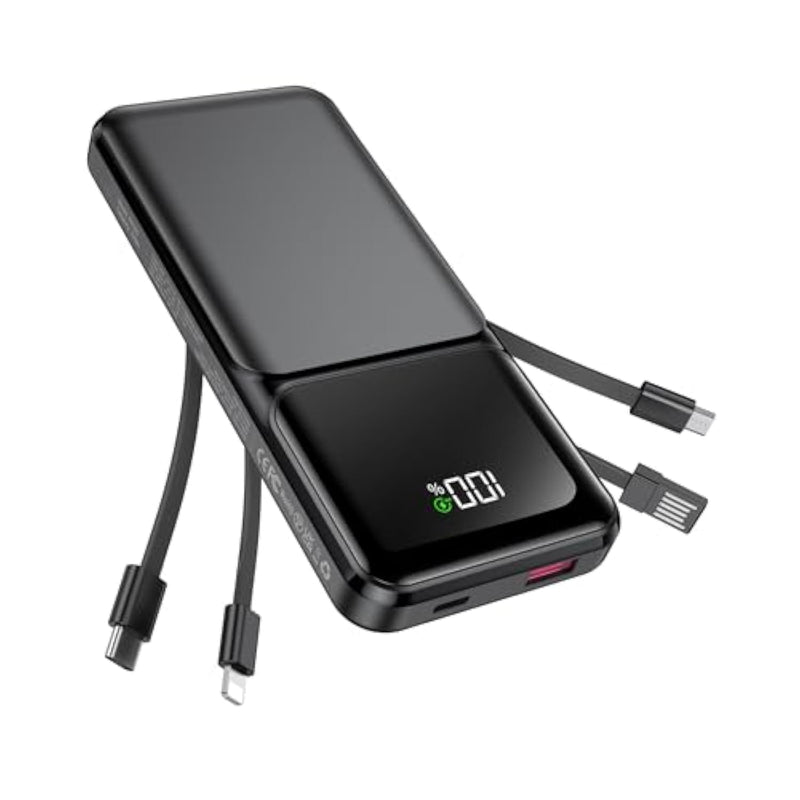 Portable Charger With Built In Cable - 20000Mah Fast Charging 22.5W Slim Power Bank Usb C Led Display Travel Battery Pack 5 Outputs & 3 Inputs For Iphone Samsung Android Ipad Phones Tablets Etc