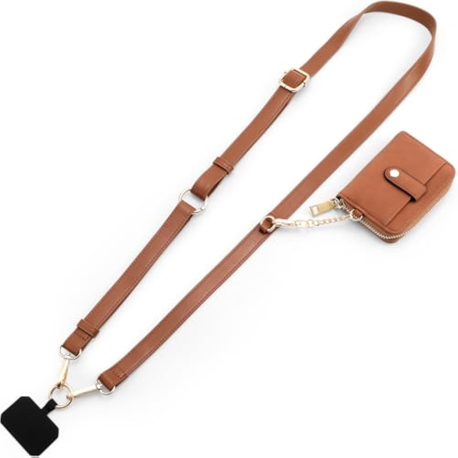 Clip And Go Leather Phone Strap With Zipper Pouch- Stylish Crossbody Adjustable Lanyard With Wallet For All Phones, Brown