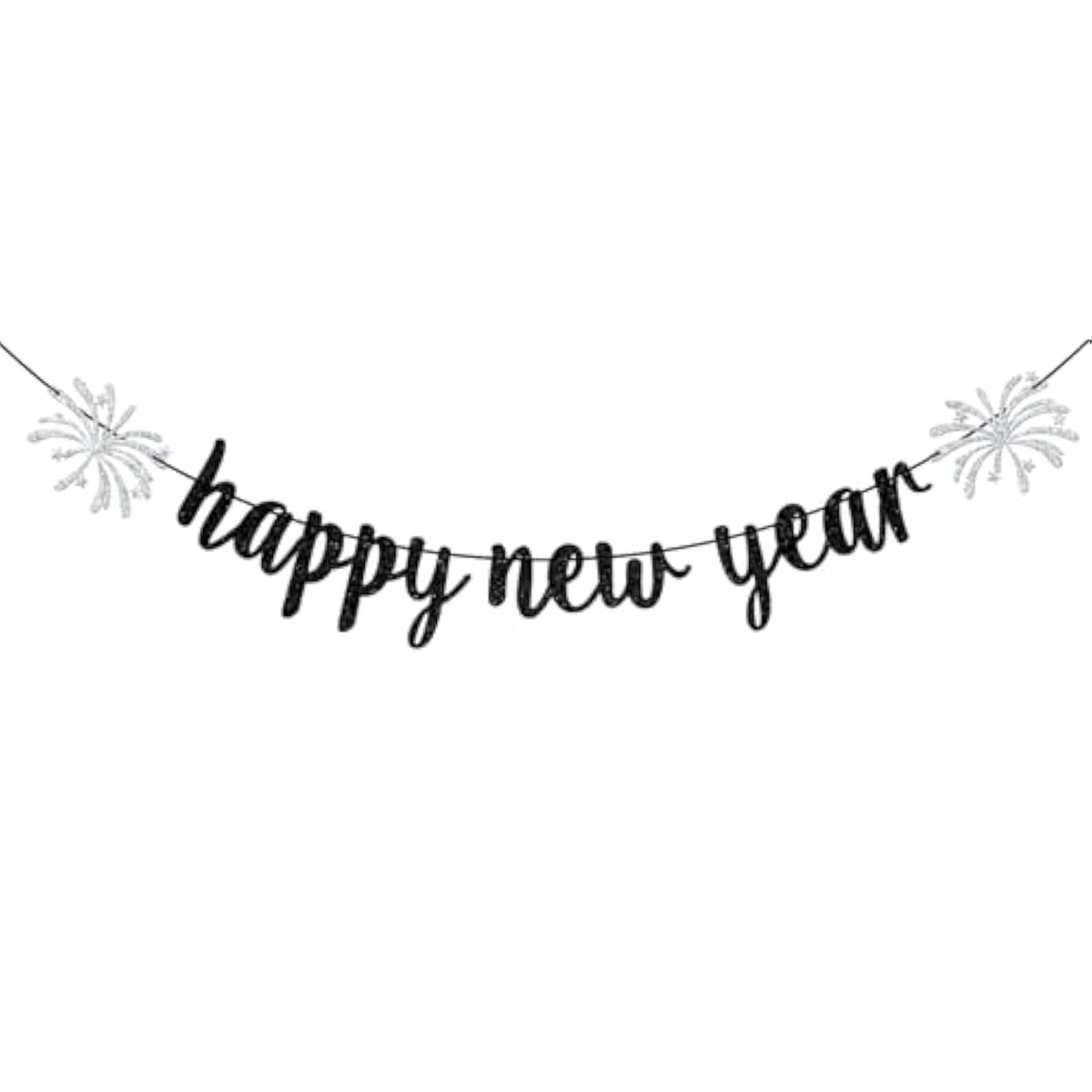 Happy New Year 2026 Banner Black Glitter Party Decor for New Year Eve