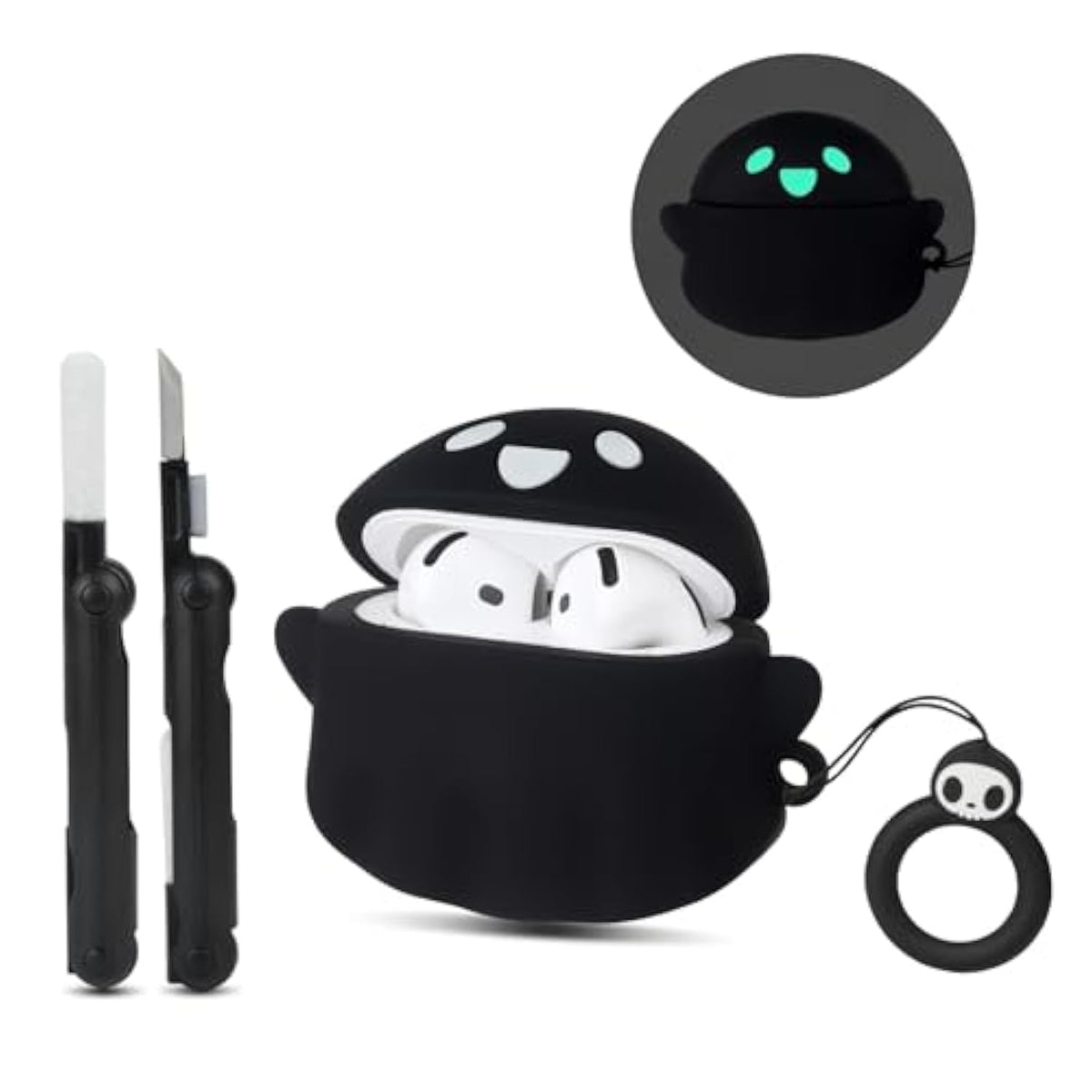For Airpods 4 Case Cover 2024 With Cleaner Kit, [Eye Can Glow In The Dark], Anime Ghost Cute Cases For Airpods 4Th Generation Series, Soft Silicone Protective Air Pods4 Case For Women Men - Black