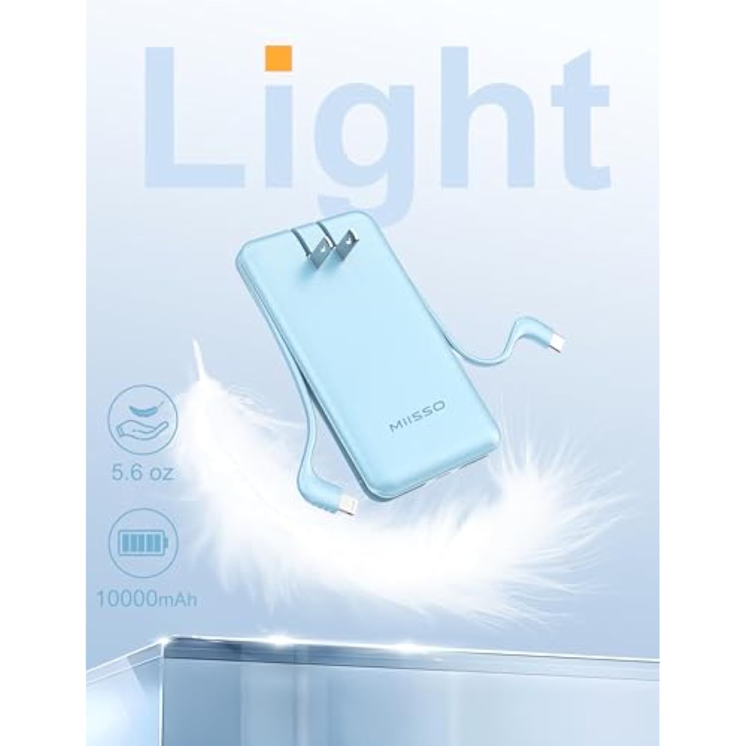 Ultra Slim 10000Mah Power Bank Built-In Cables And Ac Wall Plug, Pocket Size Usb C Portable Charger, External Battery Pack Compatible With Iphone Samsung Ipad Etc, Blue