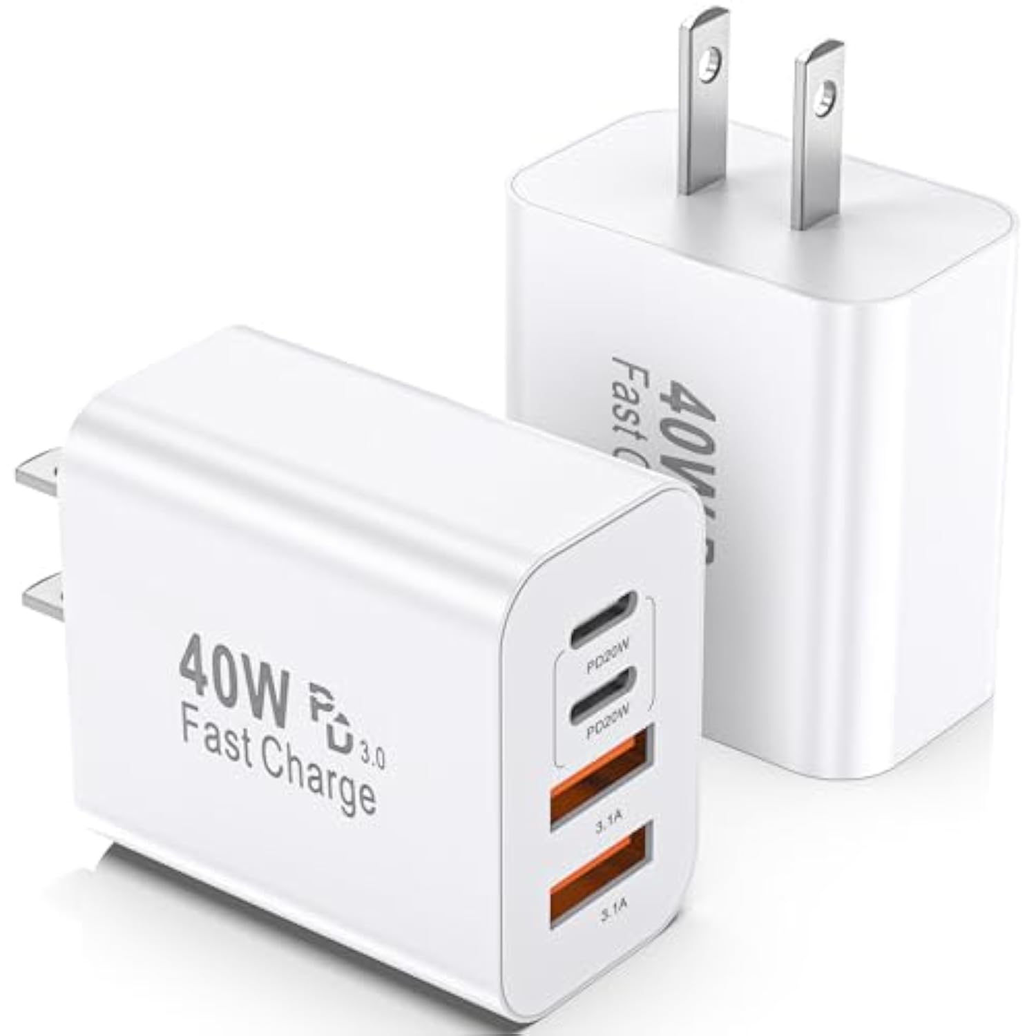 Usb C Charger Block, 2 Pack 40W 4-Port Iphone Charger Fast Charging Multiport Pd 3.0 & Qc 4.0 Double Quick Charge, Compatible With Iphone 17/16/15/14/13/12/11?Pro Max?Ipad, Samsung (White)