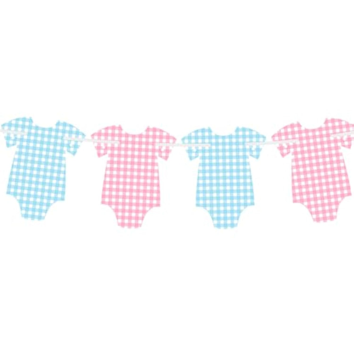 Pre-Strung Blue & Pink Gingham Bodysuit Baby Shower Banner - 8 Double-Sided Onesie Cards- Cute Baby Onesie Decorations For Gender Reveal Party, Baby Shower Decor, Baby Reveal Banner – Gender Reveal Ideas & Decor