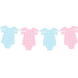 Pre-Strung Blue & Pink Gingham Bodysuit Baby Shower Banner - 8 Double-Sided Onesie Cards- Cute Baby Onesie Decorations For Gender Reveal Party, Baby Shower Decor, Baby Reveal Banner – Gender Reveal Ideas & Decor