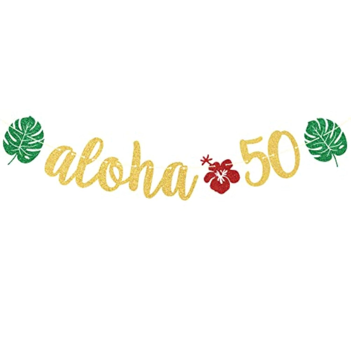 Aloha 50 Banner, Hawaiian 50Th Birthday Decorations, Aloha Party Decorations, Tropical Luau Birthday Party Decorations, Palm Leaf Decorations Gold Green Glitter