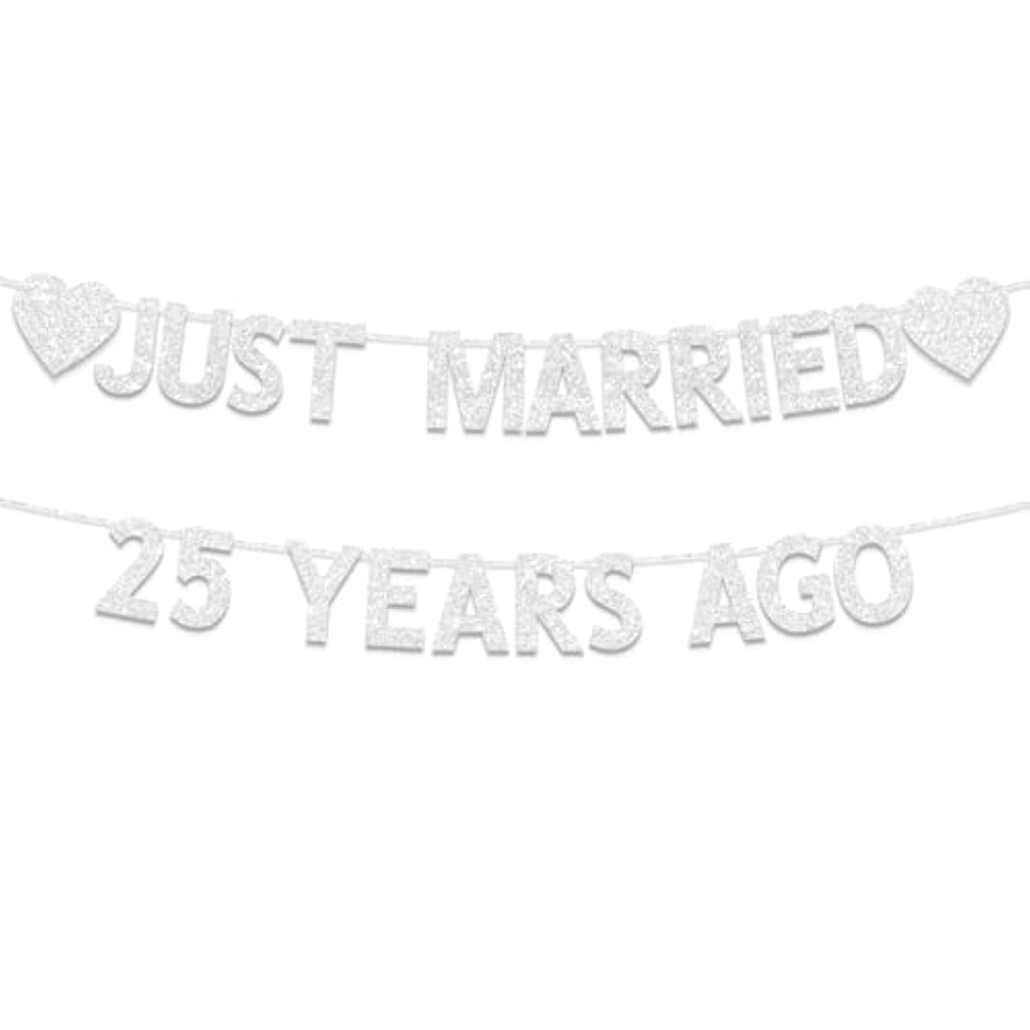 25th Wedding Anniversary Banner, Silver Glitter Just Married 25 Years Ago Decor