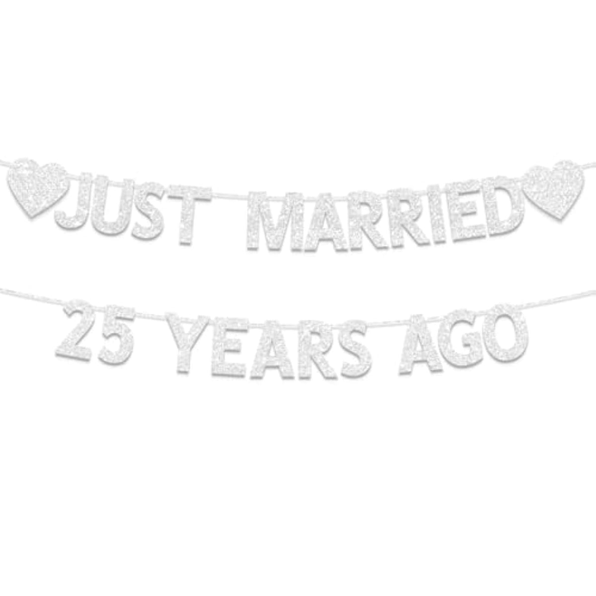 25th Wedding Anniversary Banner, Silver Glitter Just Married 25 Years Ago Decor