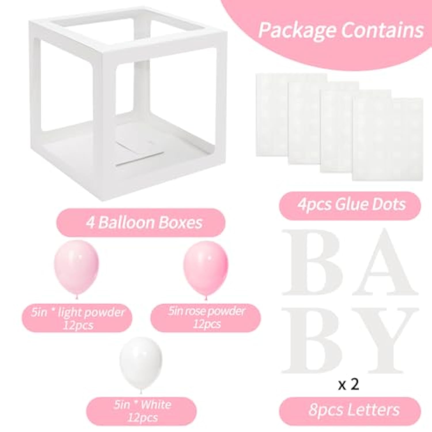 Pink Baby Shower Balloon Box Set: 36 Balloons & Letter Stickers