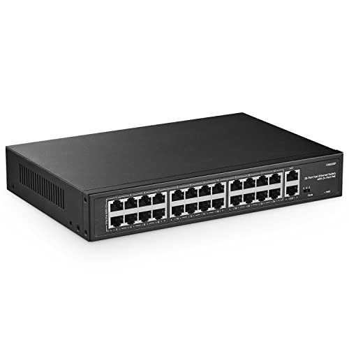 24 Port Poe Switch With 2 Gigabit Uplink, 100Mbps Poe+ Ports, 1000Mbps Uplink, Ieee802.3Af/At, Max 300W, Vlan & Poe Extend 250M, Rackmount Fanless Unmanaged Ethernet Switch