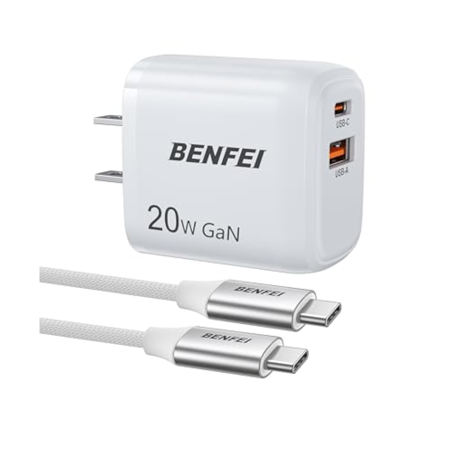 BENFEI 20W GaN USB C Wall Charger - Fast Charging for iPhone 16/16 Pro/16 Pro Max & iPad Pro (Includes 60W 3ft USB-C Cable)