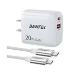BENFEI 20W GaN USB C Wall Charger - Fast Charging for iPhone 16/16 Pro/16 Pro Max & iPad Pro (Includes 60W 3ft USB-C Cable)