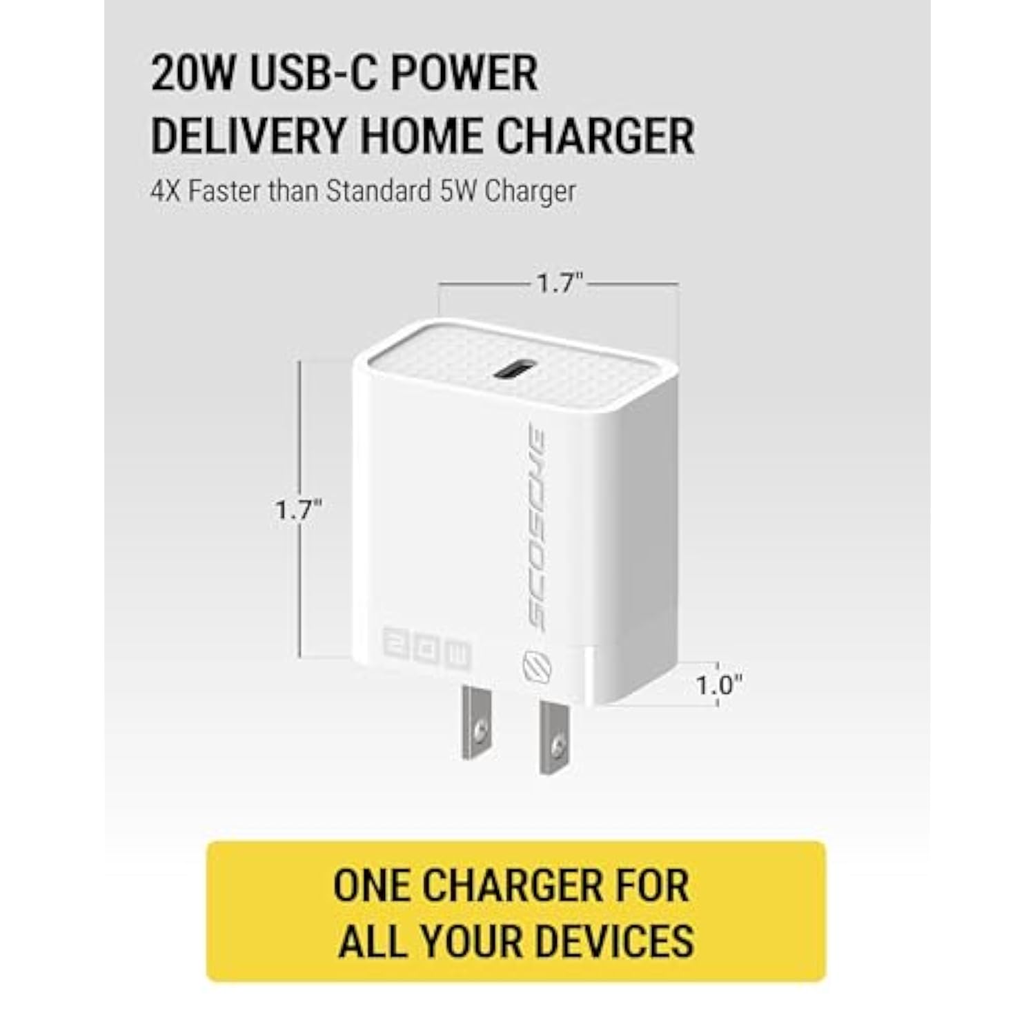 Scosche PowerVolt 20W USB-C Charger Block, Type-C Charger Fast Charging Power Adapter Plug Compatible with Apple iPhone 16/15/14/13/12 Series, iPad and Android, Cell Phone Wall Chargers 2 Pack, White