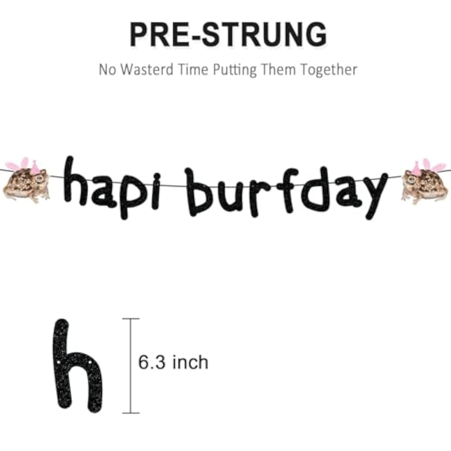 Happy Birthday Banner Pre-Strung Black Glitter Funny Hapi Burfday Birthday Decorations For Frog Lovers Bday Party Decor
