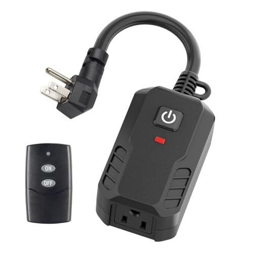 Outdoor Remote Control Outlet Plug Black,Indoor Wireless Outlet Switch Weatherproof Heavy Duty 15A 3-Prong 6-Inch Cord 100Ft Range (Battery Included)