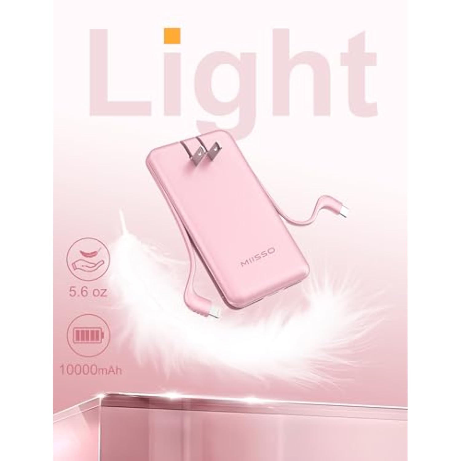 Ultra Slim 10000Mah Power Bank Built-In Cables And Foldable Ac Wall Plug, Pocket Size Usb C Portable Charger, External Battery Pack Compatible With Iphone Samsung Ipad Etc, Pink