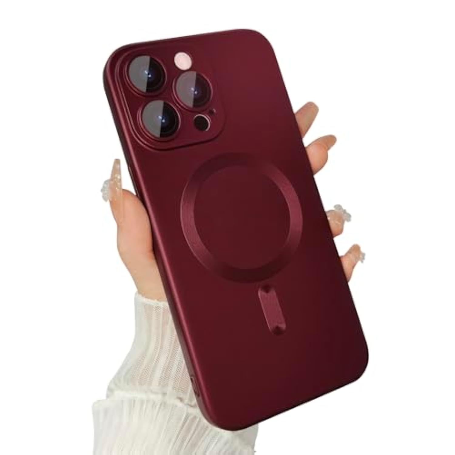 Magnetic Case For Iphone 15 Pro Max Phone Case For Women, Matte Luxury Soft Metallic Luster Design With Camera Lens Protector, Compatible With Magsafe Case For Iphone 15 Pro Max 6.7"-Red Wine