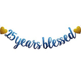 25 Years Blessed Banner, Pre-Strung, Blue Glitter Paper Garlands For 2