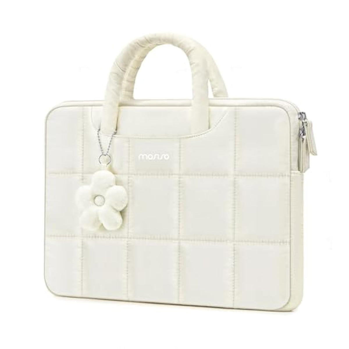 MOSISO 13-14 inch Laptop Case, 13.3 inch Puffy Laptop Sleeve Compatible with MacBook Air 13 13.6/Pro 13/Pro 14,HP Acer Dell ASUS Lenovo, Rectangle Quilted Computer Bag with Handle&Flower Pendant, Sand