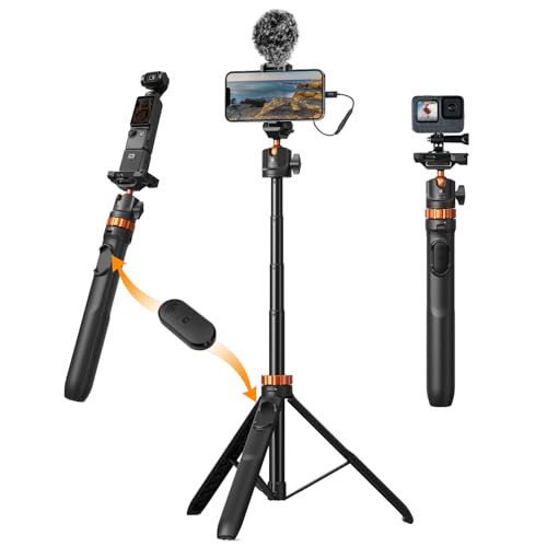 MS08 62'' Phone Selfie Stick Tripod, 2-in-1 Extendable Cell Phone Tripod Stand with Remote, 360° Ball Head Camera Tripod Compatible with DJI Osmo