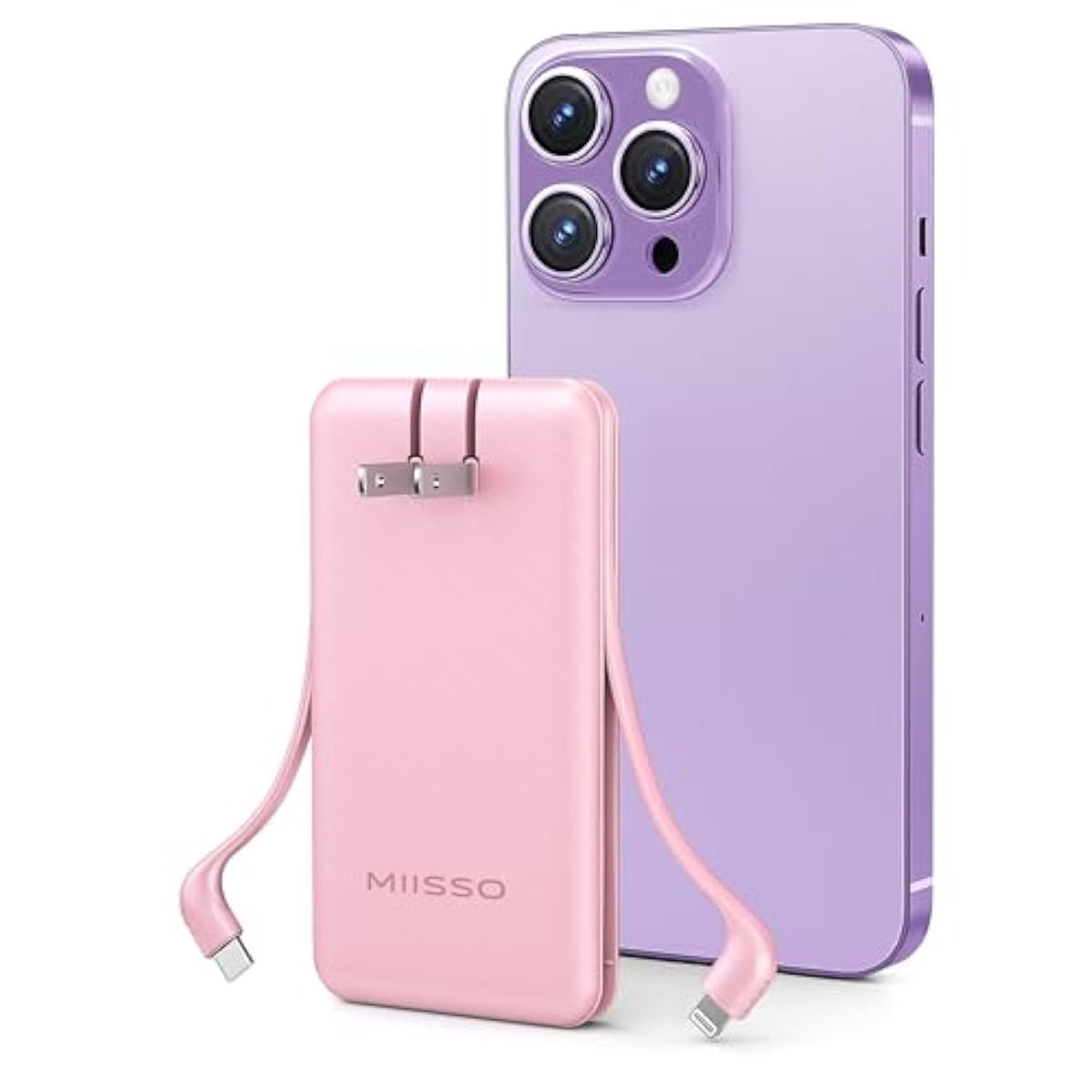 Ultra Slim 10000Mah Power Bank Built-In Cables And Foldable Ac Wall Plug, Pocket Size Usb C Portable Charger, External Battery Pack Compatible With Iphone Samsung Ipad Etc, Pink