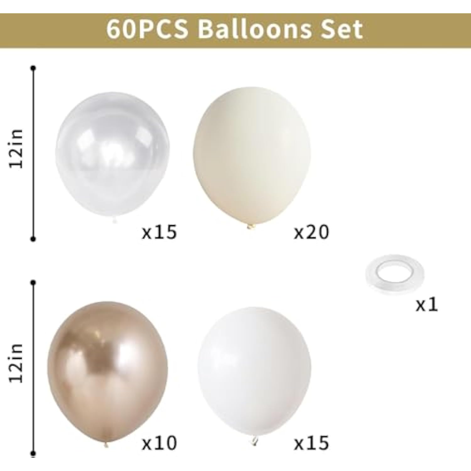 60PCS Nude White Gold Balloons for Boho Wedding, Birthday & Party Decorations
