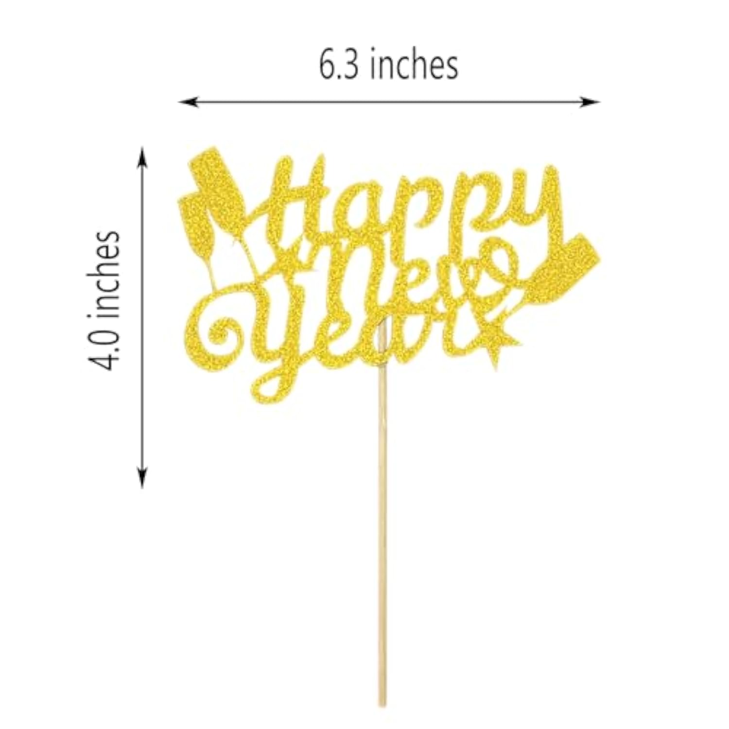 Happy New Year Cake Topper, Gold Glitter Cardstock With Wine Glass And Stars Design