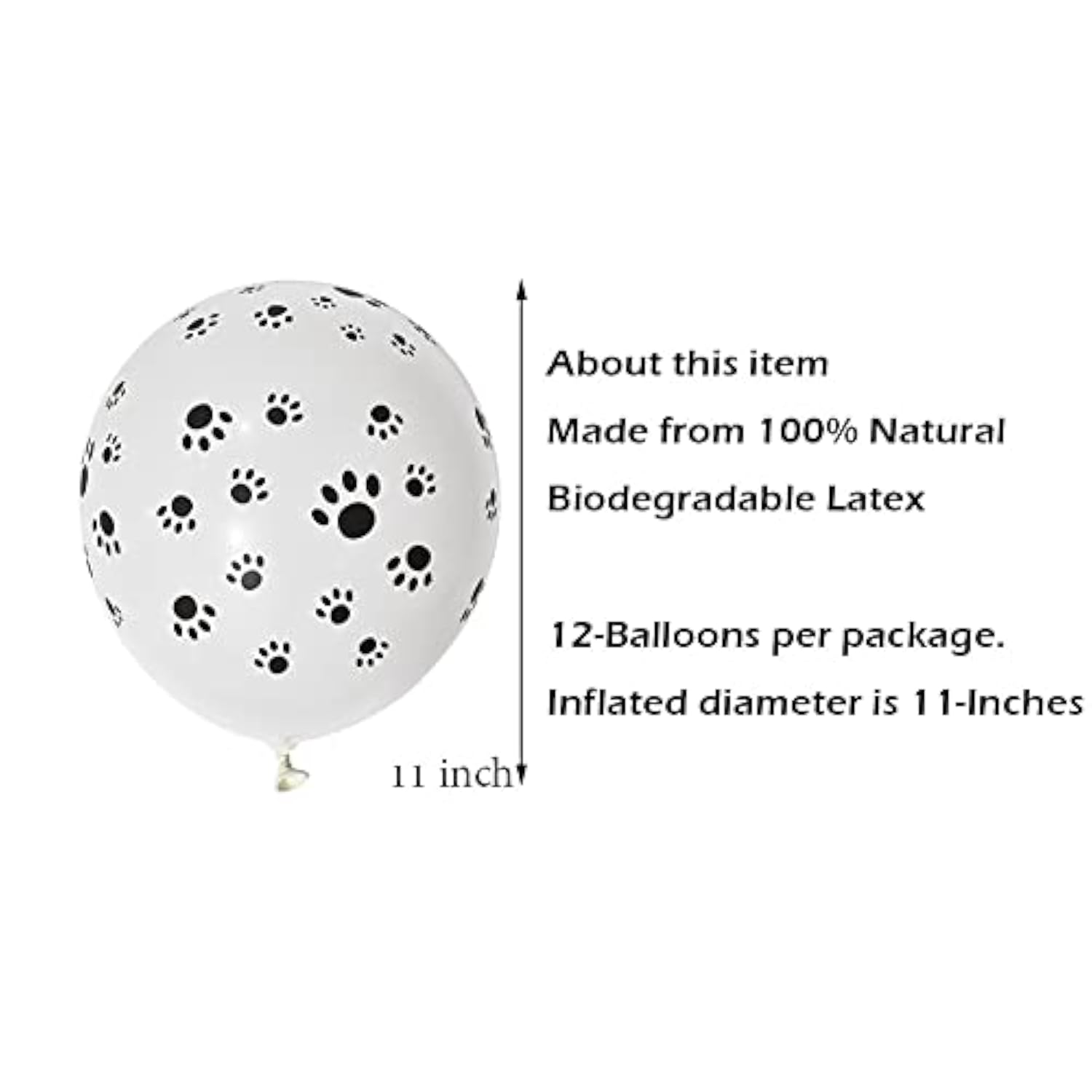 Paw Prints-A-Round Biodegradable Latex Balloons, White With Black Paw Prints All-Around, 11-Inch (12-Units)