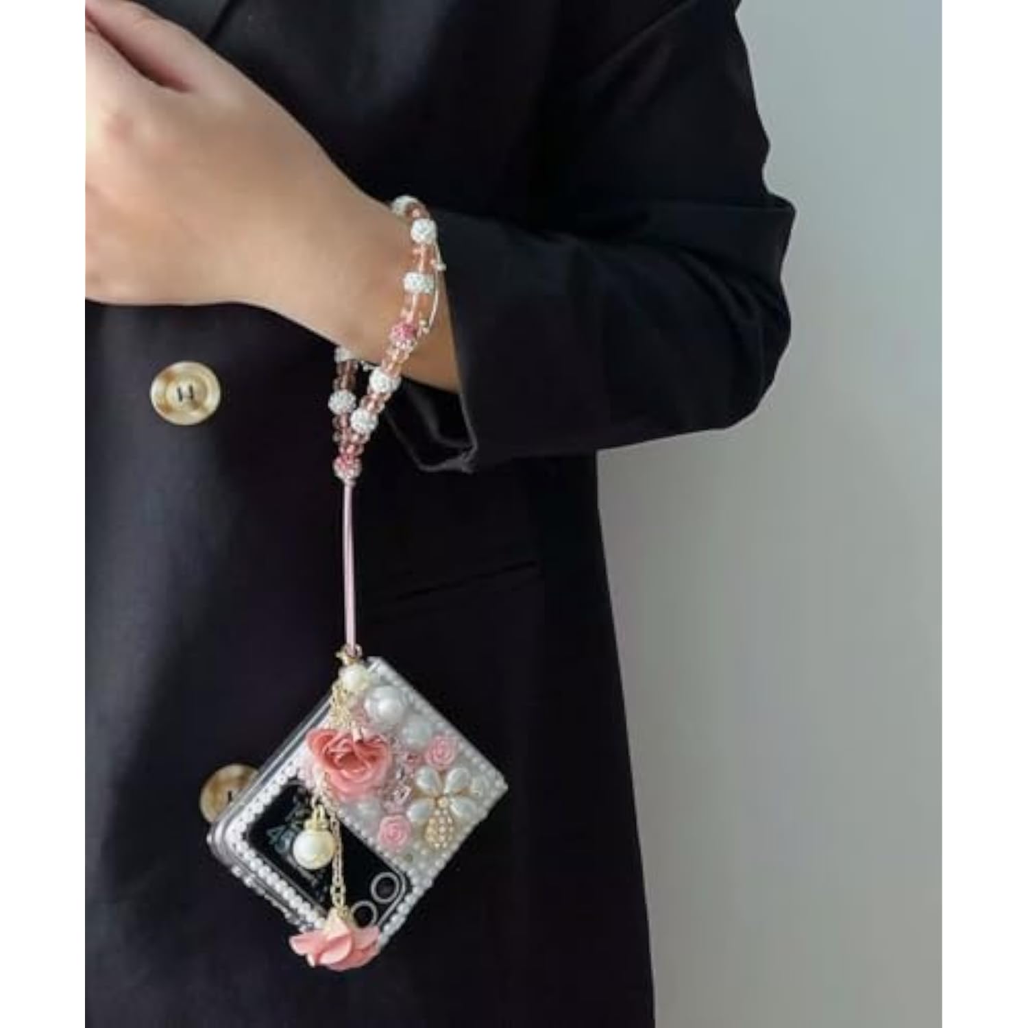 Luxury 3D Crystal Rhinestone Diamond Flowers Sparkle Stunning Stones Pearl Case for Motorola Razr 2026/2025/2024 5G, Cute and Stylish Phone Cover with Wrist Strap for Women and Girls