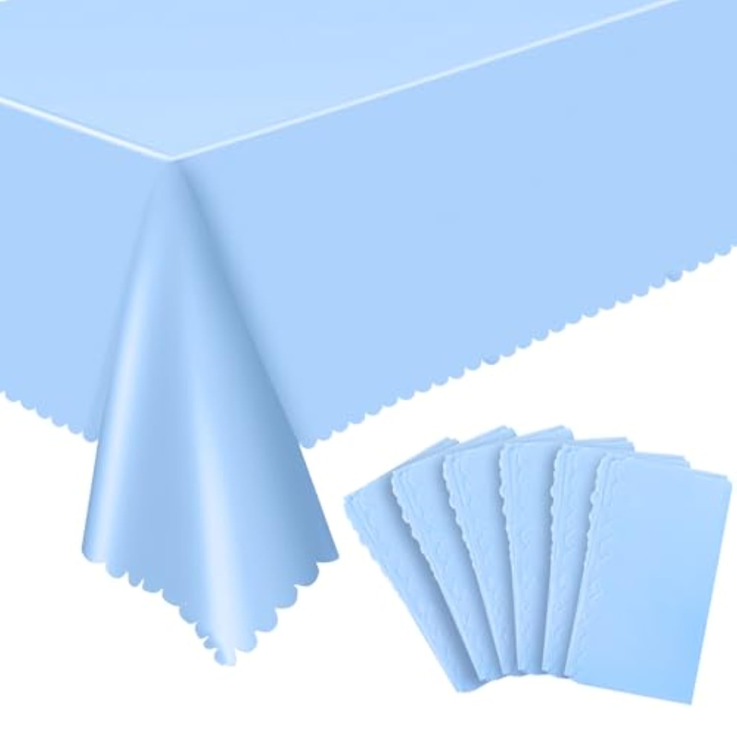6 Light Blue Scalloped Tablecloths, 54x108" Disposable Covers for Parties
