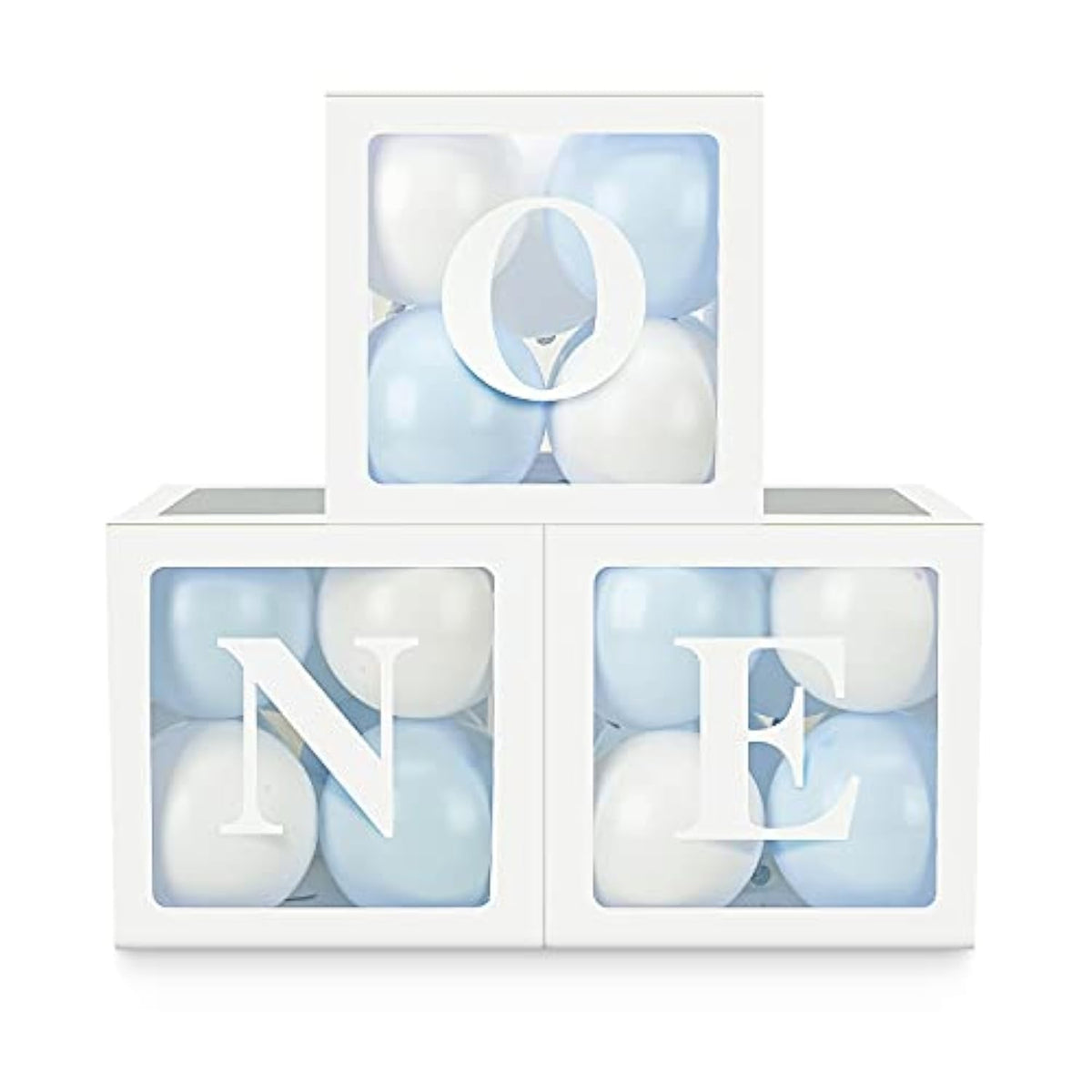 Baby Boy First Birthday Party Decorations 'One' Letters Individual Three White Transparent Square Boxes With 24 Balloons Decor For 1 Year Old Baby Birthday Party Decor Backdrop Favors
