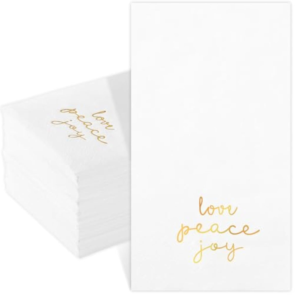 100 Pack Christmas Paper Napkins 4.38'' X 7.88'' Joy Peace Love Disposable White Decorative Table Napkin For New Year Winter Dinner Merry Christmas Holiday Xmas Decor Party Supplies Golden White