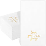 100 Pack Christmas Paper Napkins 4.38'' X 7.88'' Joy Peace Love Disposable White Decorative Table Napkin For New Year Winter Dinner Merry Christmas Holiday Xmas Decor Party Supplies Golden White