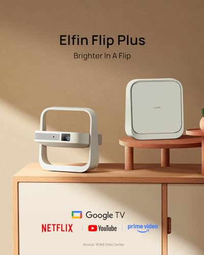 Elfin Flip Plus Portable Projector, Google TV with Licensed Netflix, 500 ISO Lumens, 1080P Resolution Home Projector, Build-in Adjustable Stand,