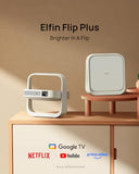 Elfin Flip Plus Portable Projector, Google TV with Licensed Netflix, 500 ISO Lumens, 1080P Resolution Home Projector, Build-in Adjustable Stand,