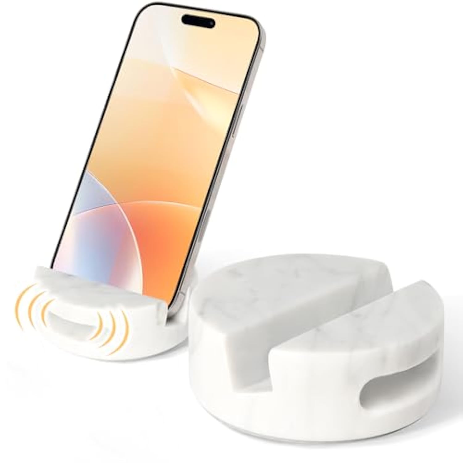 Elegant And Versatile White Marble Phone Stand With Sound Amplification Round Phone Holder Function For Desk,Kitchen,Bathroom,And Bedside