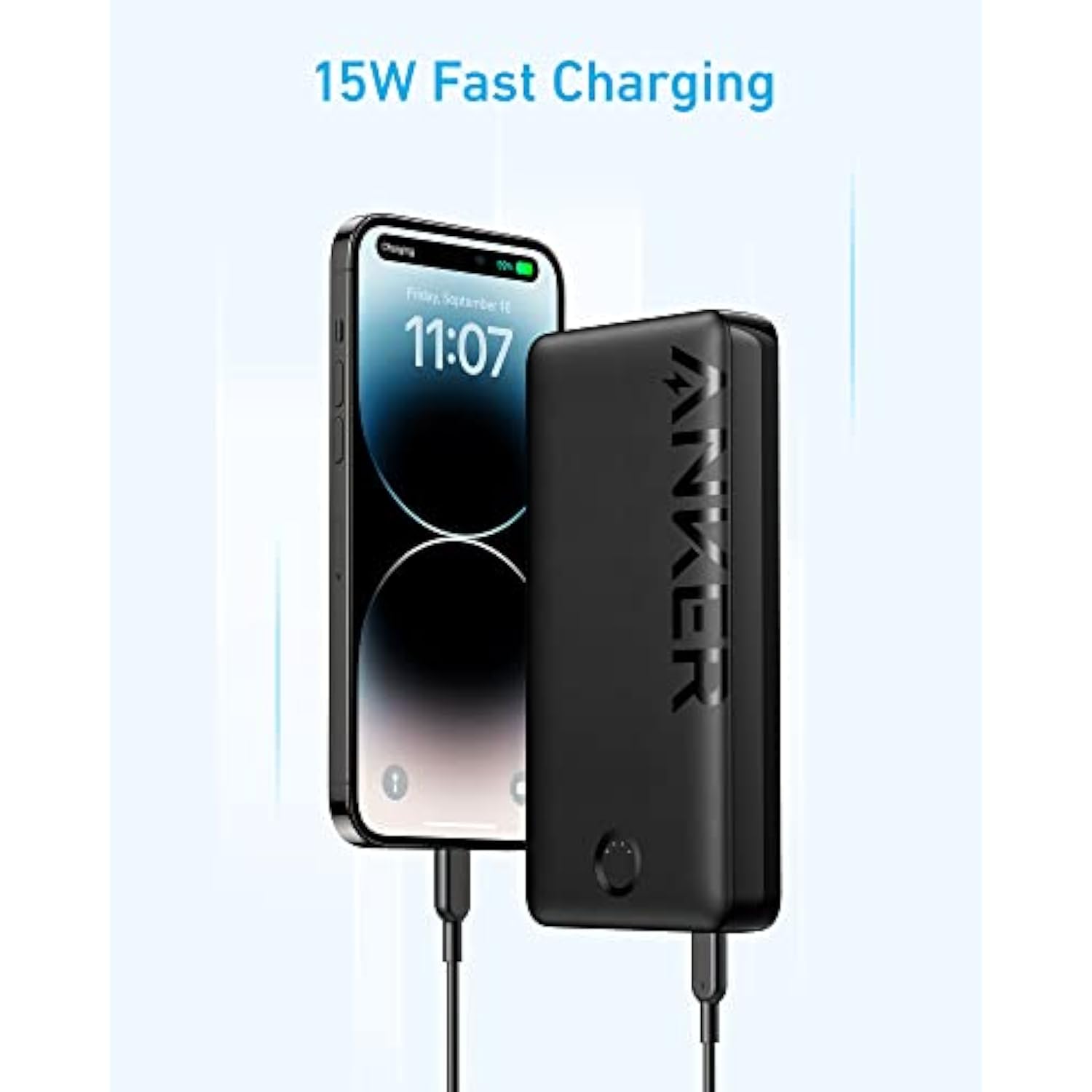 ANKER Portable Charger, 20,000mAh Power Bank, Battery Pack with 1 USB-A and 1 USB-C Ports, 15W Max Charging for iPhone 16/15/14/13/12 Series, Samsung Galaxy, and More (Black)