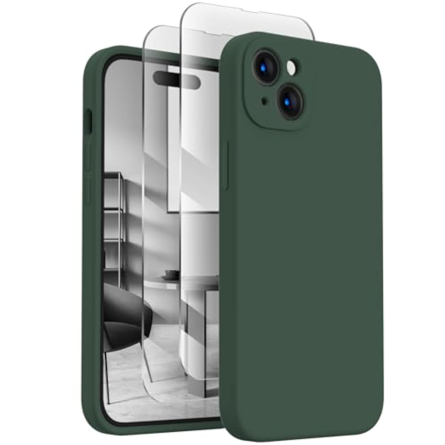 iPhone 15 Silicone Case with Camera & 2 Screen Protectors 6.1in Alpine Green