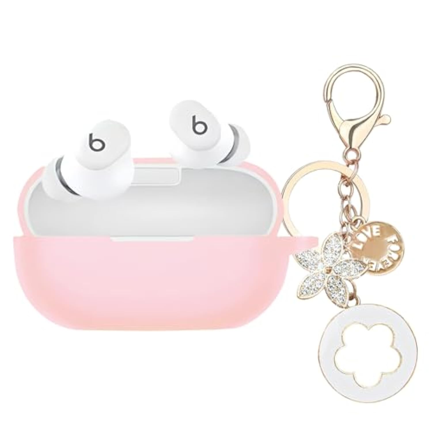 Case Cover Compatible With Beats Solo Buds Earbuds, Soft Silicone Protective Skin With Bling Keychain Accessories For Women Girl (Pink)