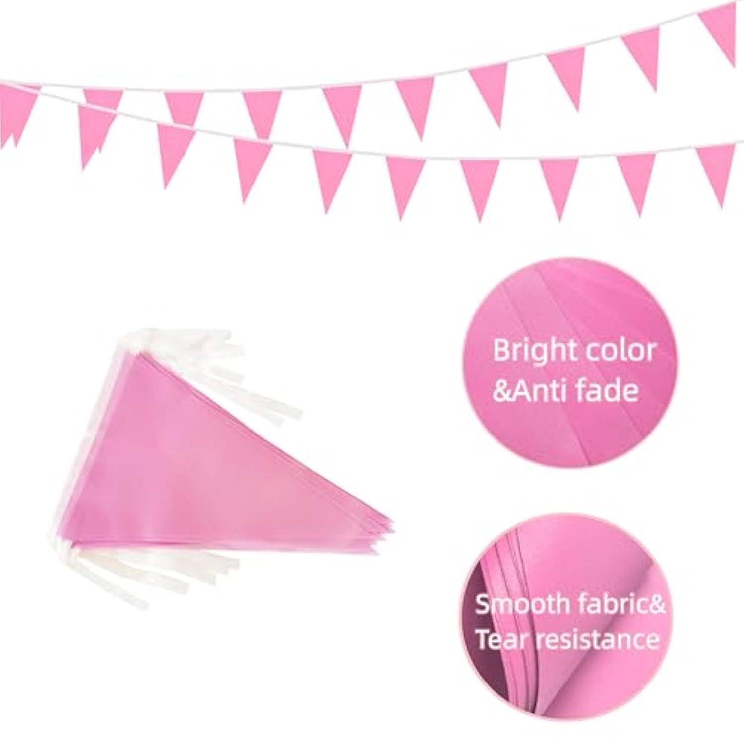50 Feet 30 Pcs Solid Pink Pennant Banner Flags String Hanging Triangle Diy Flags, Bunting Streamers Decorations For Grand Opening, Birthday, Wedding, Party Celebration (Pink)