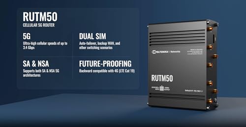 Teltonika Rutm50 5G Industrial Router Dual Sim Failover, Wifi 5, Gigabit Ethernet, Vpn & Rms Support (Rutm50000000)