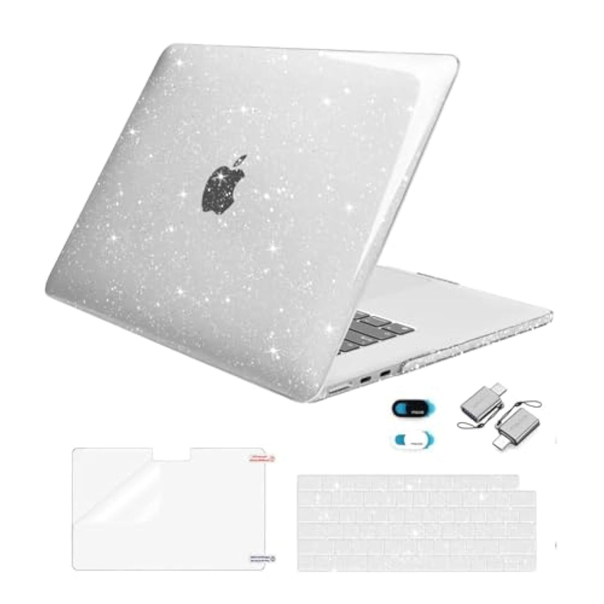 MOSISO Compatible with MacBook Air 15 inch Case 2025 2024 2023 Release M4 A3241 M3 A3114 M2 A2941, Sparkly Glitter Plastic Hard Shell&Keyboard Cover&Screen Protector&Webcam Cover&Type C, Transparent